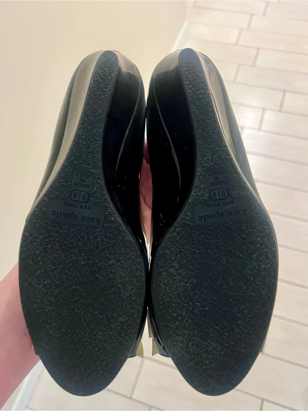 kate spade Black Patent Peep-Toe Flats with Cream Bow Never Worn